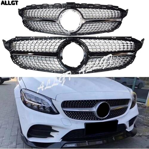 Car For Mercedes-Benz W205 C Class C200 C250 C300 C350 2019 2020 2021 Front Center Grille Bumper Grill Black Silver Diamond