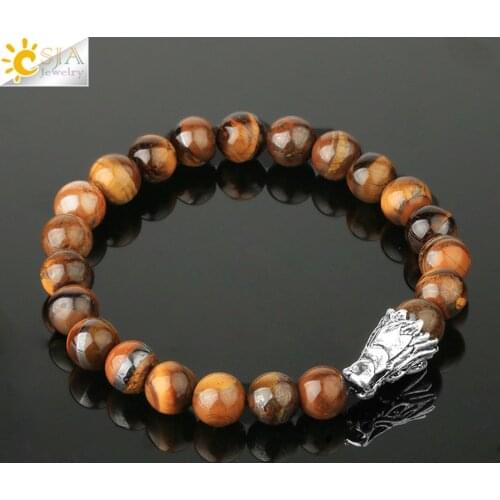 CSJA Strand Bracelet Natural Stone Tiger Eye 8mm Gem Bead Retro Dragon Head Men Bracelets Healing Jewelry for Women Pulsera P073