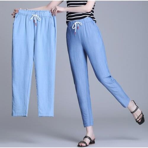 Women Summer Cotton Linen Pants Fashion Drawstring Tie Ankle Trousers Elastic Waist Pencil Pants Pockets Blue Casual Pantalones