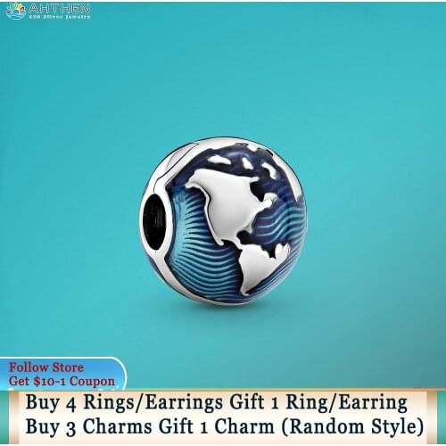 Ahthen 925 Sterling Silver Beads Blue Globe Clip Charm fit Original Pandora Bracelets for Women Jewelry Making Bracelet Charms