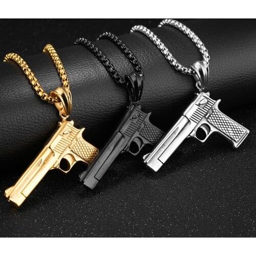 High Quality Stainless Steel Desert Eagle Pistol Mens Boys Daily Jewelry Pendant Necklace Free Box Link Chain 24inch Hot Sale