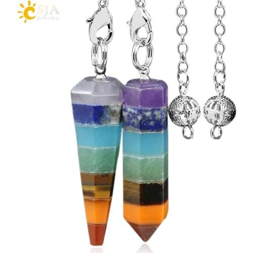 CSJA 2016 Reiki Charm Pyramid 7 Chakra Natural Gem Stone Rainbow Layered Dowsing Healing Point Pendant Chain Pendulum Gifts E065