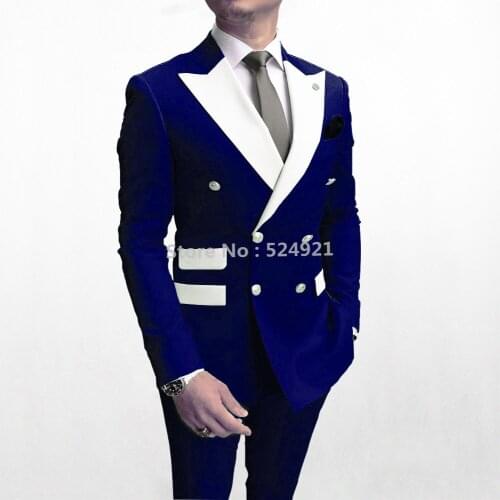 Double Breasted Men Suits Royal Blue Groom Tuxedos Peak White Lapel Groomsmen Wedding Best Man 2 Pieces ( Jacket+Pants+Tie ) D43