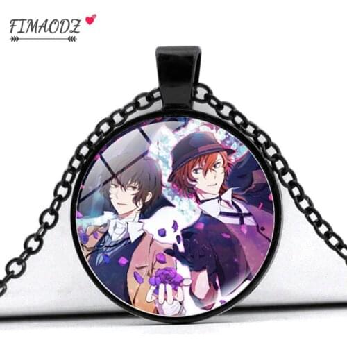 FIMAODZ Bungou Stray Dogs Necklace Anime Figure Akutagawa Dazai Osamu Art Photo Glass Cabochon Pendant Necklaces for Fans