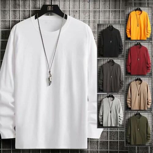 Mens T Shirts Harajuku Fashion Japan Streetwear Solid Color Long Sleeve T Shirt Men Casual Men Clothing 100%Cotton Tops Tee Men