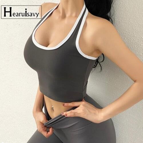 Hearuisvy Women New Patchwork Sports Vest Sexy Halter Beauty Back Quick Dry Fitness Top Gym Running Yoga Vest With Padded