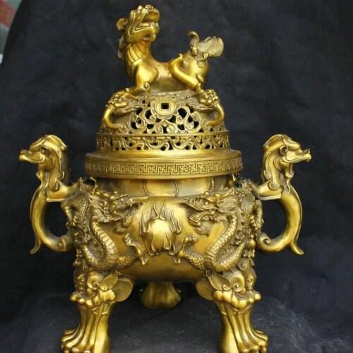 Collect Chinese Fengshui Bronze Brass Statue Dragon Loong Beast incense burner