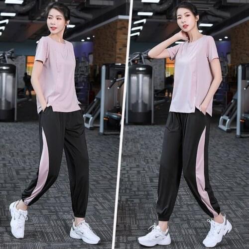 Yoga Set Women Plus Size Short Sleeve Tops Loose Shirt Striped Pants Outfits Gym Fitness Run Sports Clothes Casual Summer 2 Pcs