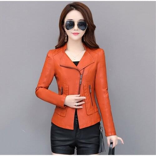 Leather Coat Women 2019 New Spring Autumn Korean Short Slim Black Green Orange XL 3XL 4XL Plus Size Long Sleeve PU Jacket LD1074