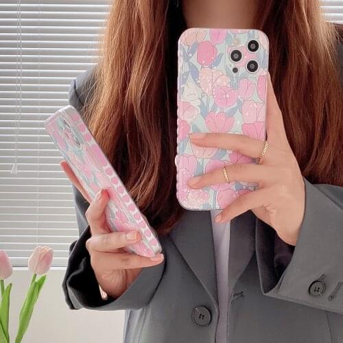 Cute Retro Art Pink Tulip Flowers Rabbit Phone Case For iPhone 12 11 Pro Max Xr X Xs Max 7 8Plus SE 2020 Cases Soft TPU Cover