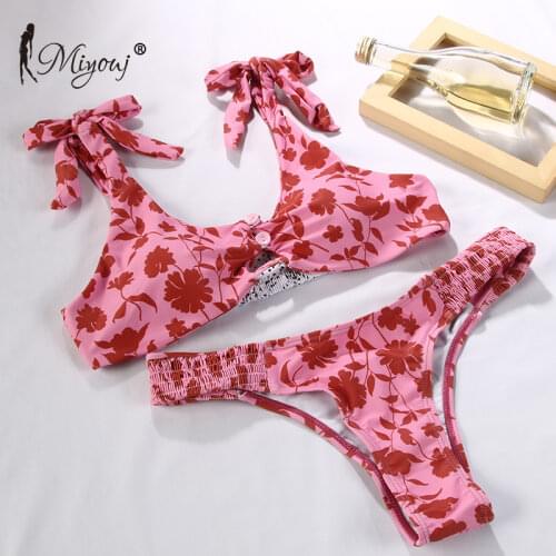 Miyouj NEW Pink Floral Bikini Female Print Swimwear Women Bathing Suit String Bandage Swimsuit Lady Biquini Swim Bikini Set