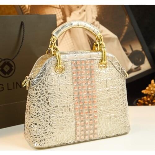 Fashion Cowhide Leather Women Handbags Diamond Tote Bag Crocodile Pattern Lace Shell Bag Rhinestone Shoulder Messenger Bags
