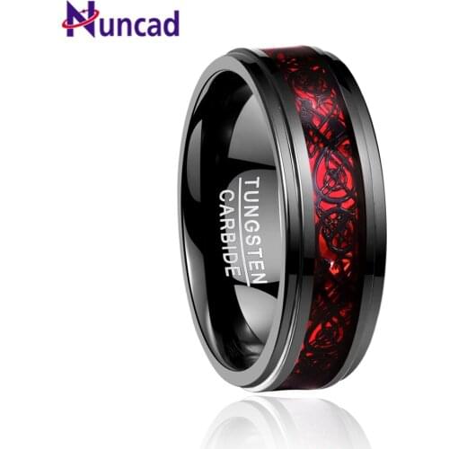 NUNCAD 8mm Mens Ring Elegant Cool Electroplated Black Inlay Red Opal Dragon Pattern Step Tungsten Carbide Ring Size 5-15