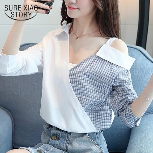 New 2021 fashion long sleeve women clothing shirt summer sexy patchwork strapless women blouse plaid womens tops blusas D832 30