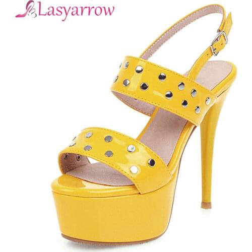 Lasyarrow 2020 new sexy thin high heels ladies platform sandals rivet buckle summer party prom shoes women sandals big size 48