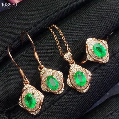 New Fashion Natural Real Emerald Set 925 Sterling Silver 1pc Emerald Ring,2pcs Emerald Earring,1pc Emerald Pendant