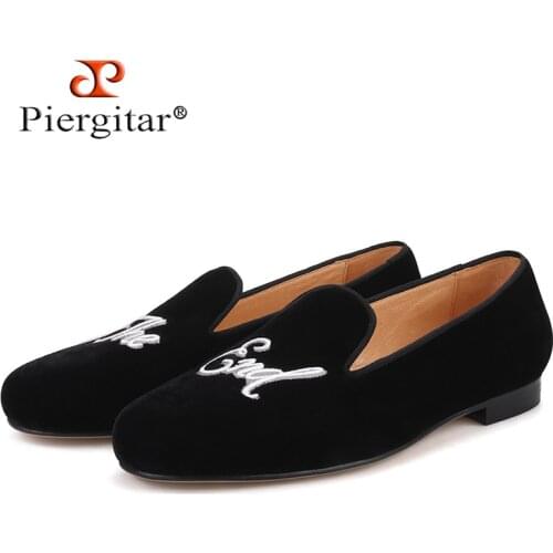 Piergitar 2019 Handmade Men velvet loafers with letters embroidery party and prom mens classic smoking slippers plus size