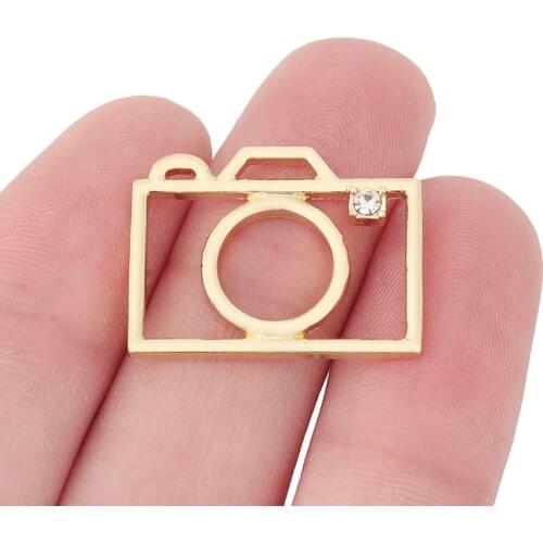 10 x Gold Tone Hollow Camera & Rhinestone Charms Pendants for DIY Earrings Necklace Jewelry Making Accessories 25x19mm