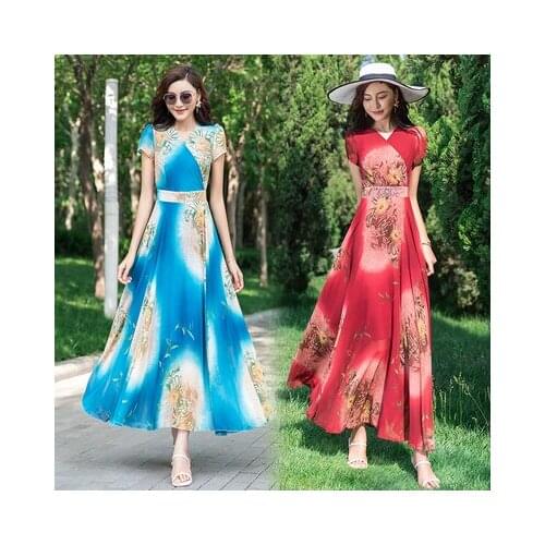 Summer Slim Waist Short Sleeve V-neck Ankle-length A-line Chiffon Floral Print Blue Red Big Swing Elegant Cocktail Dresses 9730