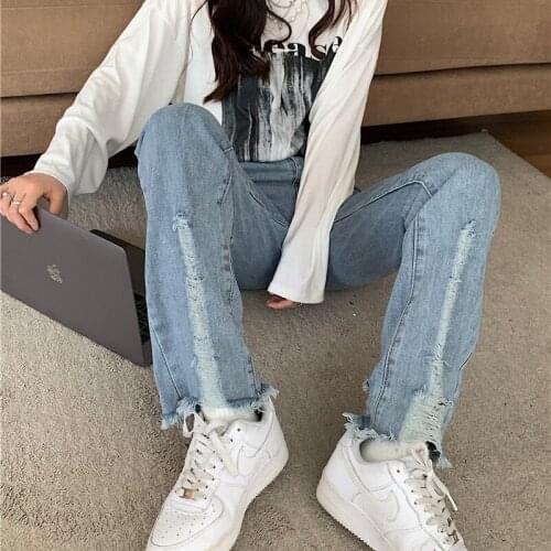 Blue Hole Ripped Distressed Straight Women Chic Jeans Oversize High Waist Baggy Boyfriend Punk Denim Pants Streetwear Denim Pant