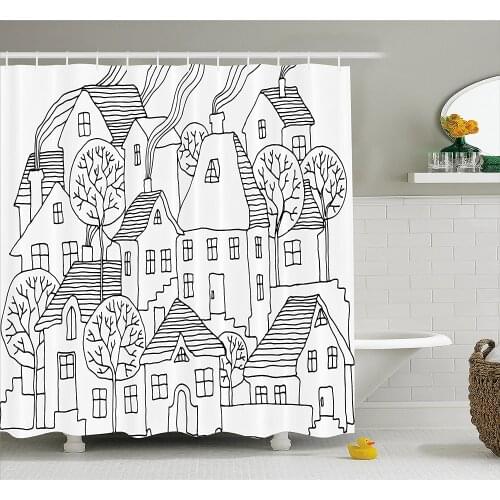 Sketchy Shower Curtain Cartoon House Village with Stripes Hand Drawn Images Artwork Print Waterproof Polyester Bath Curtains
