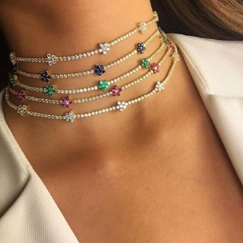 Iced Out Bling Rainbow Colorful Cubic Zirconia CZ Tennis Chain Women Charm Flower Choker Necklace Jewelry collares para mujer