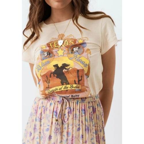 Happie Queens Women vintage printed boho tops t-shirt ladies short sleeve kahaki cotton bohemian Tees