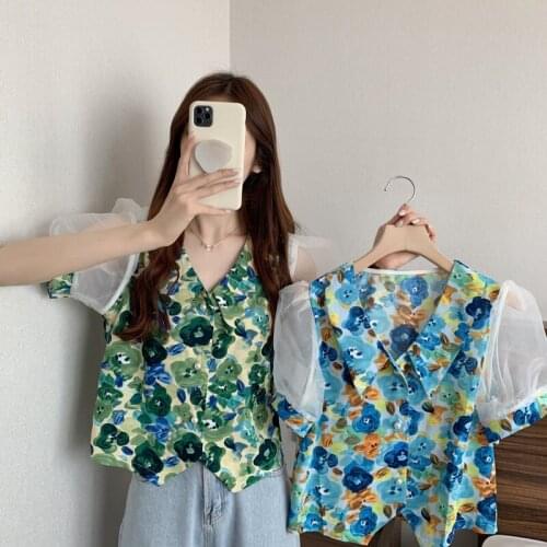 Womens V-neck Floral Short Sleeve Chiffon Shirt Womens Summer New Korean Slim Top
