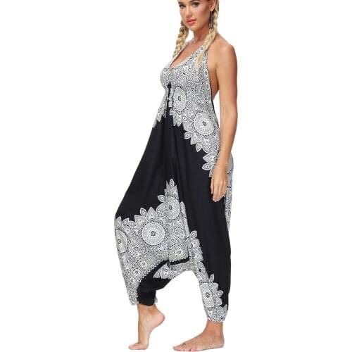 Women Sexy V Neck with Spaghetti Strap Jumpsuits Loose Boho Harem Print Beach Yoga One Piece Jumpsuit