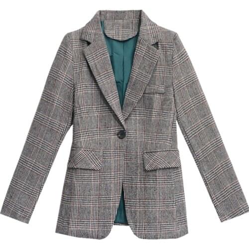 Spring and Autumn Vintage Women Plaid Suit Woolen Jacket Ladies Slim Casual Wool Blazer A button coat new FC647