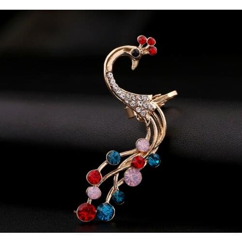 Animal earrings Exquisite Colorful Crystal Peacock Ear Cuff Fashion Bohemian Full Rhinestone Earcuff Women Gift Clip Earring