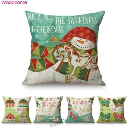 Cold Winter Snowman Cartoon Christmas Gloves Hat Print Joyful Xmas Decoration Sofa Throw Pillow Case Cotton Linen Cushion Cover