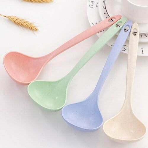 1Pcs Tableware Wheat Straw Rice Ladle 4 Colors Long Handle Soup Spoon Meal Dinner Scoops Kitchen Supplies Cooking Tool Ladle