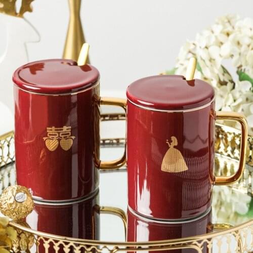 450ML Creative Wedding Couple Cup Unique Red Ceramic Mug With Lid And Stainless Steel Spoon Gift For Husband and Wife