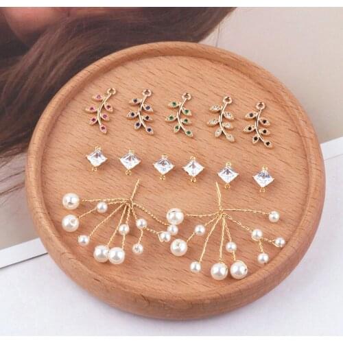 6pcs Korean copper-plated Color Leaf Zircon Earring Accessories Pearl Earrings For Women Pendant Material Diy Handmade Jewelry