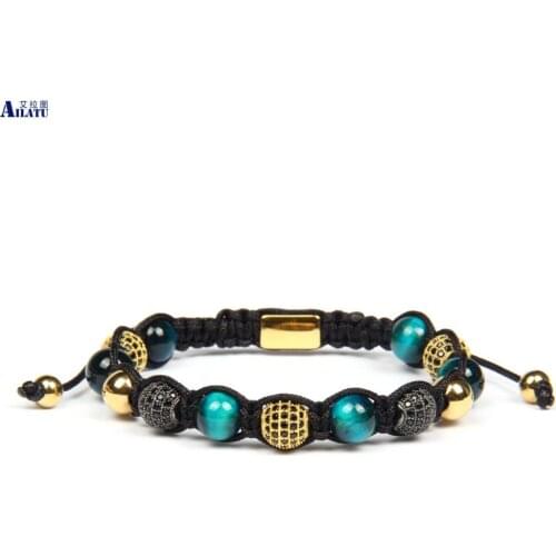 Ailatu Luxury Men Jewelry Micro Pave Ball Braiding Bracelet with Natural Tiger Eye Stone Men and Women Macrame Bead Bracelets