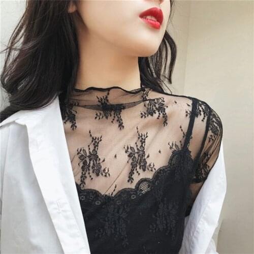 Womens Womens Summer Spring See Through Mesh Basic Long Sleeve Blouse Mock Neck Solid Color Embroidered Floral Lace Loose Tops 6