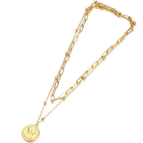 Stainless Steel Double Layer Square Paperclip Chain Beauty Head Coin Pendant Necklace For Girls Woman Choker Collar Jewelry Gift