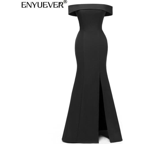 Enyuever Elegant Maxi Long Formal Dress Women Clothing Slim Slit Off Shoulder Sheath Bodycon Black Evening Gowns Party Dress