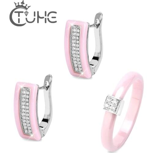 Hot Sale Pink Color Rings Earrings Set Ceramic Elegant Jewelry Set Women U Shape Earrings 3mm Crystal Rings Valentine Gifts