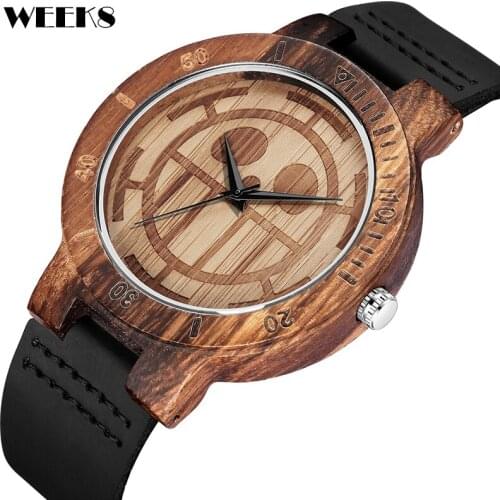 Brown Walnut Wood Watch Men Watches Leather Strap Quartz Wristwatch Pirate Skull Wooden Engraved Mens Clock reloj de madera