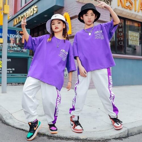 Summer Kids Hip Hop Boys Girls Street Dance Costume Purple T-Shirts Short Sleeves Outfit Hip-Hop Pants Jazz Dance Wear BL6238