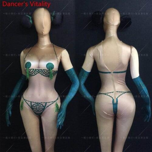 Nightclub Bar Sexy False Perspective Tassel Rhinestone Body Suit Color Diversity DS Pole Jazz Dance Women Performance Costume