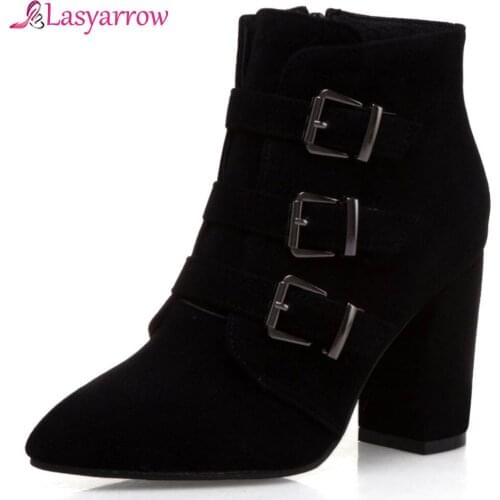 Lasyarrow size 34-50 zipper buckled strap ankle boots womens solid block heels autumn winter booties female short boots J1036