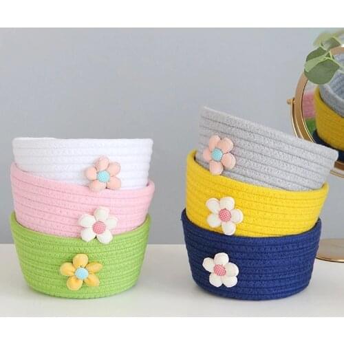 Cute Flower Cotton Rope Woven Storage Basket Desktop Makeup Storage Box Childrens Toy Table Debris Storage Laundry Basket