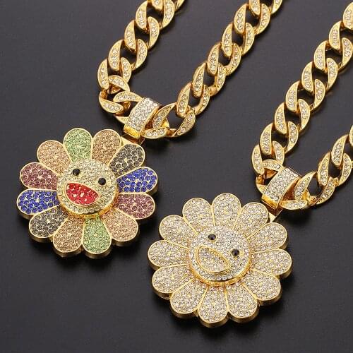 Men Hip Hop Iced Out Bling Sunflower Shape Pendant Necklace Multicolour Fashion Cuban Chain Choker Charm Necklace Jewelry Gifts