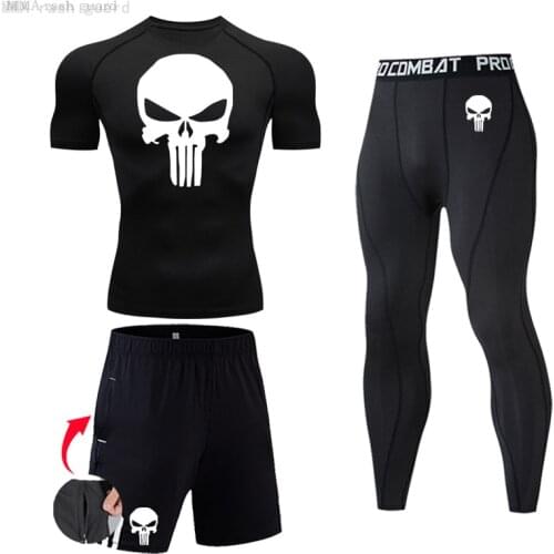 Men Skull Compression set MMA Short Sleeve T-shirt Mens Sport Tights Pants Fitness Bodybuilding Clothes work out Running Suit