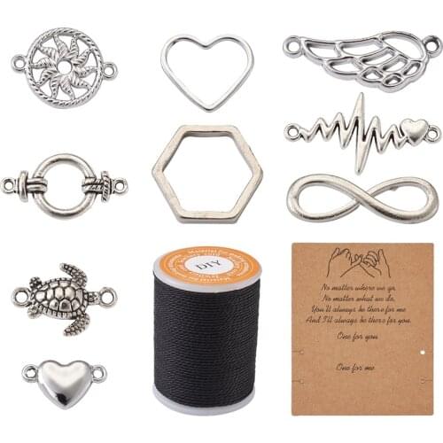 Diy Bracelet Making Kit with Black Waxed Polyester Cord Paper Display Card Antique Silver Color Links Connector Charms Handcraft