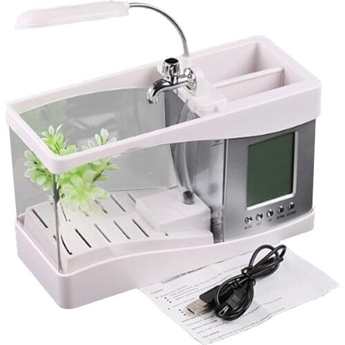 USB Desktop Mini Aquarium Fish Tank Aquarium with LED Light LCD Display Screen Alarm Clock Fish Tank Decoration with Pebbles