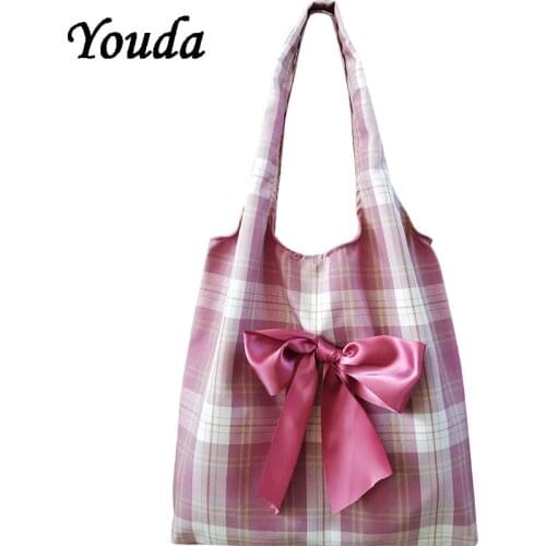 New Womens Canvas Shoulder Bag Girls Cute Bowknot Grid Female Handbag Student Fashion Large Capacity Reusable Shopping Bag